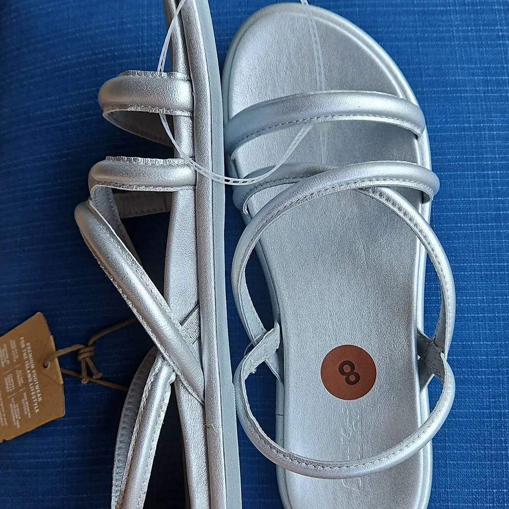 Sz 8- OluKai Tiare Leather Strappy Slingback Sandals, Color: Silver- EU38
